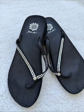 Yellow Box Black Rhinestone-Accent Flip Flop Sandals